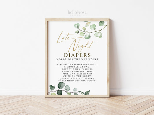 Late Night Diapers Words for the Wee Hours Baby Shower Game Table Sign . Boy Girl Neutral . Greenery + Gold Boho . 8x10 Instant Download G2