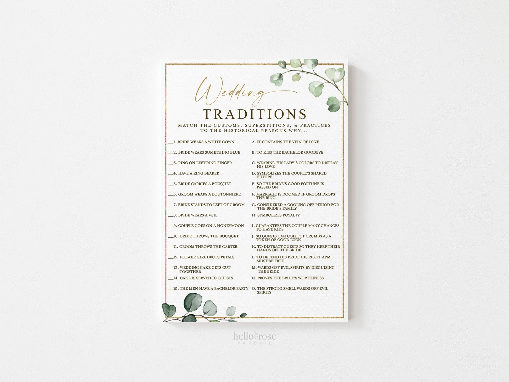 Wedding Traditions Bridal Shower Trivia Guessing Game . Greenery and Gold . Wedding Hens Bachelorette Party . Printable Instant Download G2