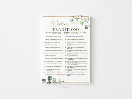 Wedding Traditions Bridal Shower Trivia Guessing Game . Greenery and Gold . Wedding Hens Bachelorette Party . Printable Instant Download G2