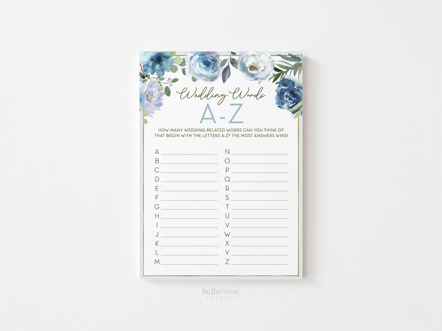 Wedding Words A to Z Bridal Shower Game Printable . Blue Floral Roses Eucalyptus Rustic . Hens Bachelorette Party . Instant Download