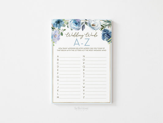 Wedding Words A to Z Bridal Shower Game Printable . Blue Floral Roses Eucalyptus Rustic . Hens Bachelorette Party . Instant Download