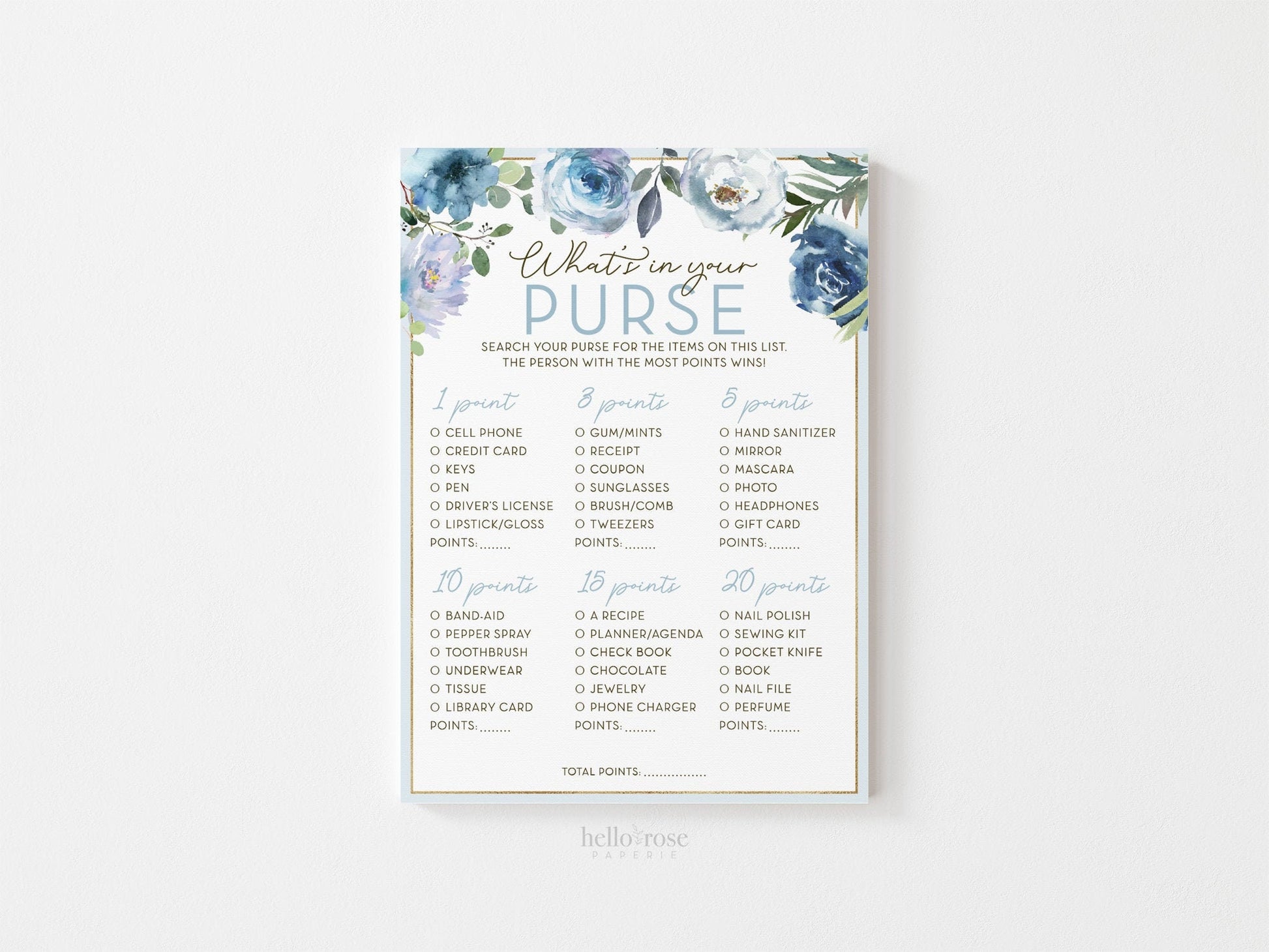 Whats in Your Purse Bridal Shower Game Printable . Blue Floral Roses Eucalyptus Rustic . Hens Bachelorette Party . Instant Download
