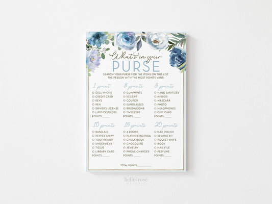 Whats in Your Purse Bridal Shower Game Printable . Blue Floral Roses Eucalyptus Rustic . Hens Bachelorette Party . Instant Download