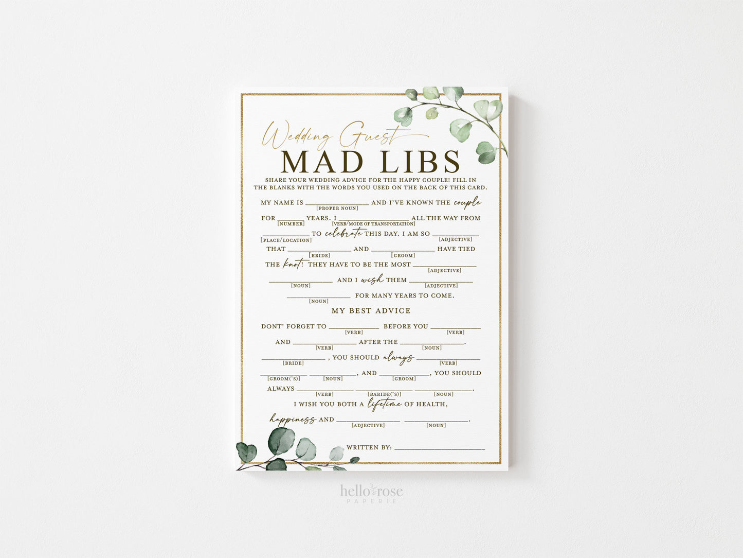 Wedding Guest Mad Libs Fun Bridal Shower Printable Game . Greenery and Gold . Rehearsal Dinner Hens Bachelorette Party . Instant Download G2