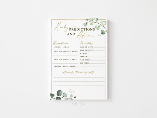 Baby Predictions and Advice Baby Shower Cards . Greenery and Gold . Girl Boy Baby Shower . Instant Download G2