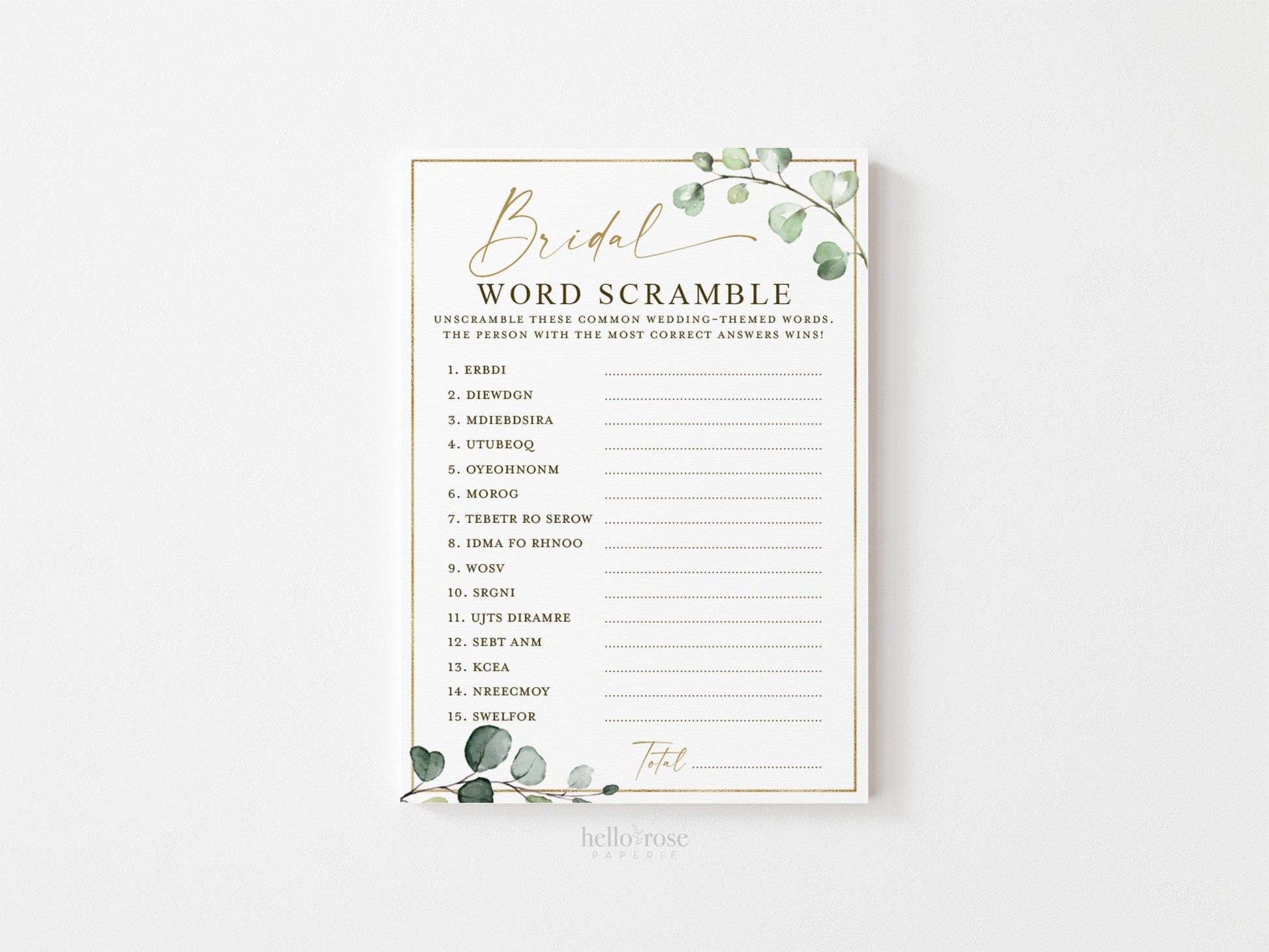 Bridal Word Scramble Fun Bridal Shower Game . Greenery and Gold . Hens Bachelorette Party . Printable Instant Download G2