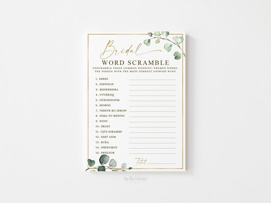 Bridal Word Scramble Fun Bridal Shower Game . Greenery and Gold . Hens Bachelorette Party . Printable Instant Download G2