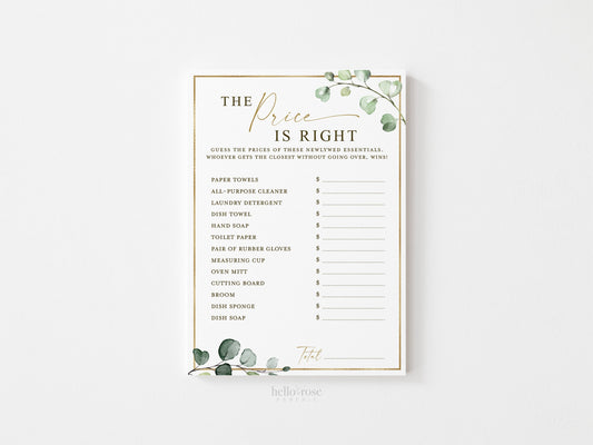 The Price is Right Printable Bridal Shower Wedding Game . Fun Game . Greenery and Gold . Hens Bachelorette Party . Instant Download G2
