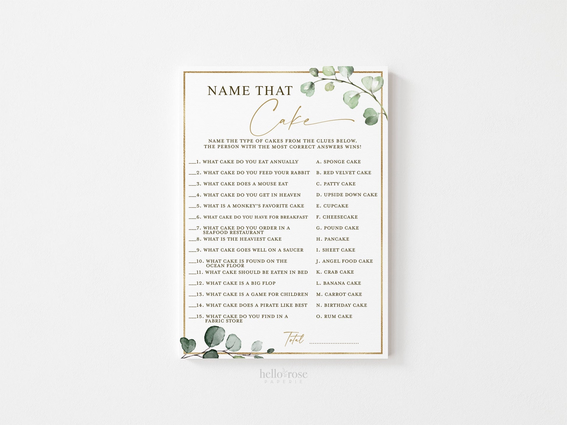 Name That Cake Printable Bridal Shower Wedding Game . Cake Trivia Quiz . Greenery and Gold . Bachelorette Hens Party . Instant Download G2