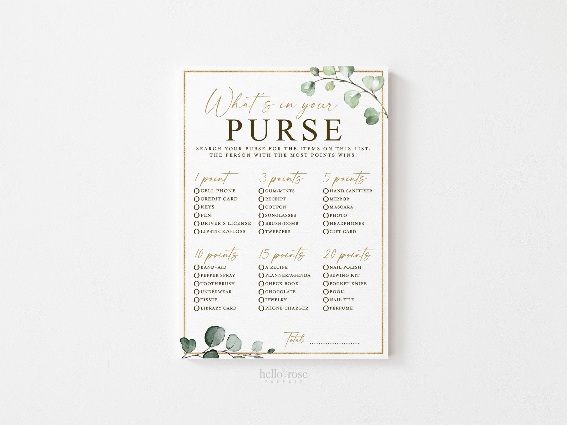 What's In Your Purse Game for Baby Shower or Bridal Shower . Printable . Greenery and Gold . Fun Boho Rustic Game . Instant Download G2