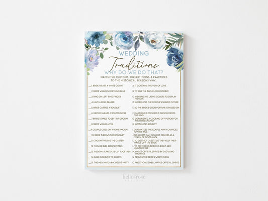 Wedding Traditions Bridal Shower Printable Trivia Game . Blue Floral Roses Eucalyptus Rustic . Hens Bachelorette Party . Instant Download