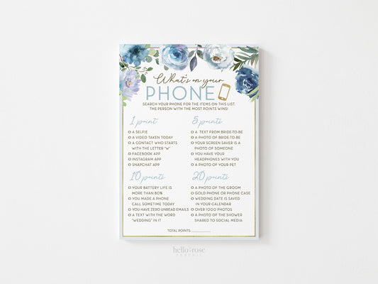 Whats on Your Phone Bridal Shower Game Printable . Blue Floral Roses Eucalyptus Rustic . Hens Bachelorette Party . Instant Download