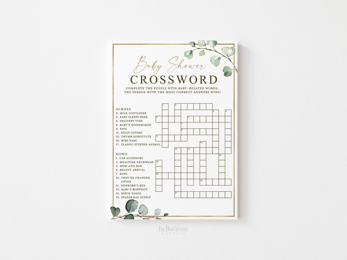 Baby Shower Crossword Printable Game . Greenery and Gold . Boho Rustic Baby Shower Game . Instant Download PDF . G2