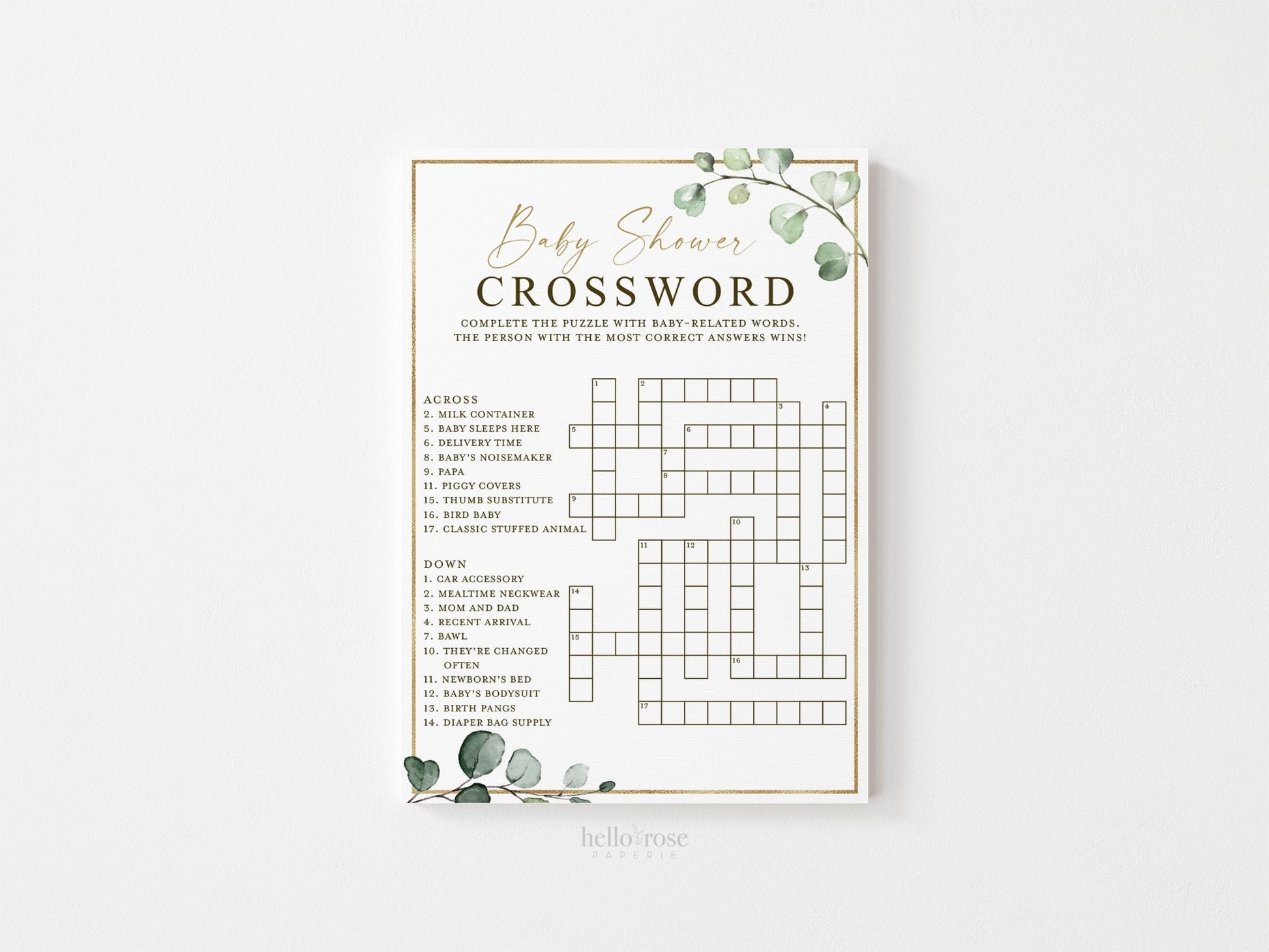Baby Shower Crossword Printable Game . Greenery and Gold . Boho Rustic Baby Shower Game . Instant Download PDF . G2