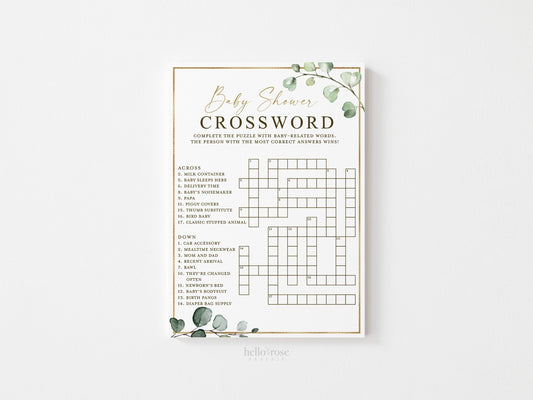 Baby Shower Crossword Printable Game . Greenery and Gold . Boho Rustic Baby Shower Game . Instant Download PDF . G2