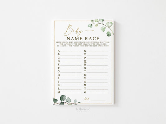 Baby Name Race Printable Baby Shower Game . Greenery and Gold . Printable Icebreaker . Sip and See Gender Reveal . Instant Download . G2