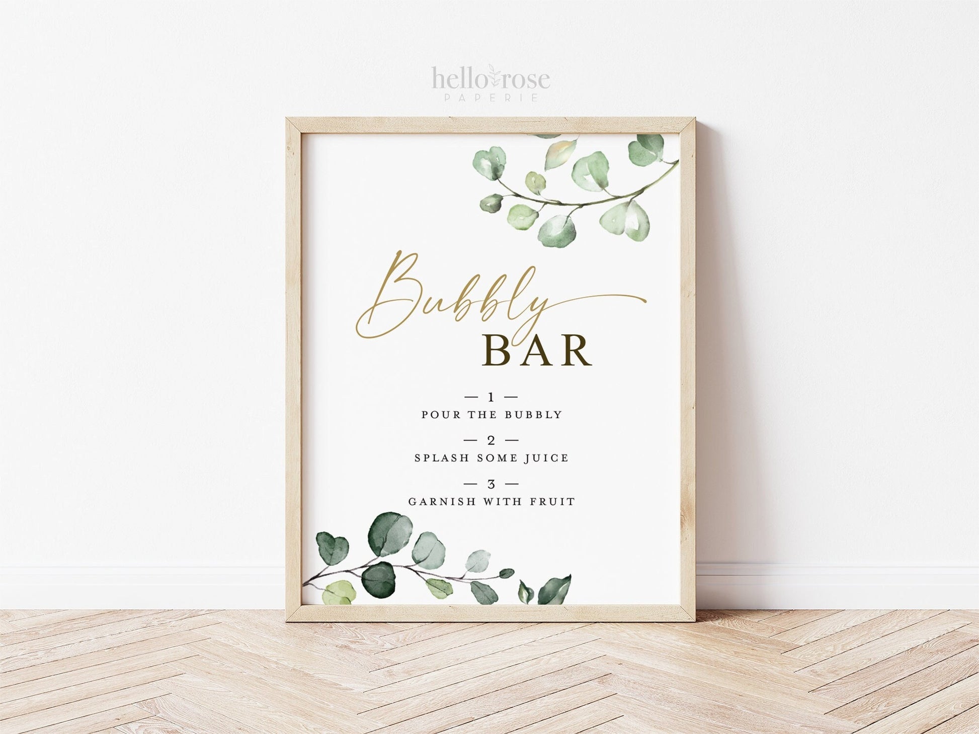 Bubbly Bar Printable Sign 8x10 . Champagne Mimosa Bar . Greenery and Gold . Wedding Engagement Bridal Shower Bachelorette Hens Party . G2