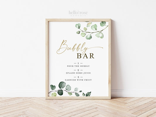 Bubbly Bar Printable Sign 8x10 . Champagne Mimosa Bar . Greenery and Gold . Wedding Engagement Bridal Shower Bachelorette Hens Party . G2