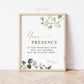 Your Presence is the Greatest Gift Table Sign . PRINTABLE Greenery and Gold . Wedding Engagement Bridal Shower . 8x10 Instant Download G2
