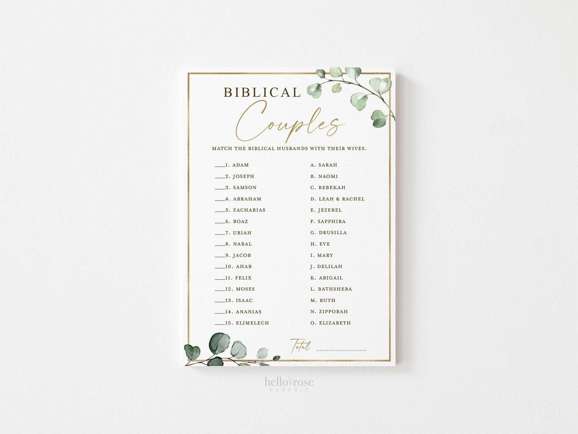 Biblical Bible Couples Printable Bridal Shower Wedding Game . Famous Couples Quiz . Greenery and Gold . Instant Download G2