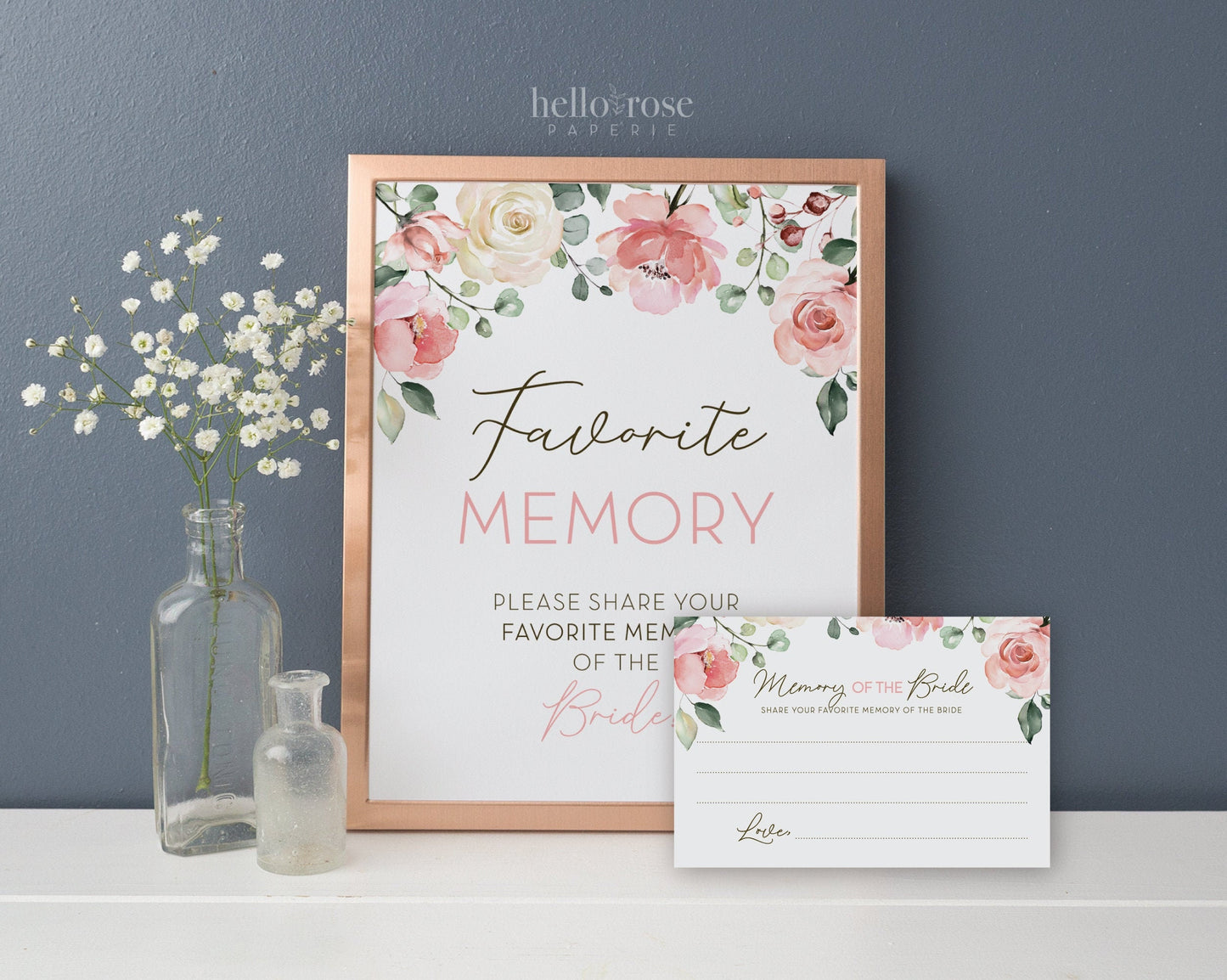 Favorite Memory of the Bride Cards + 8x10 Sign Printable . Pink Floral Watercolor . Bridal Shower Bachelorette Hens Party . Instant Download