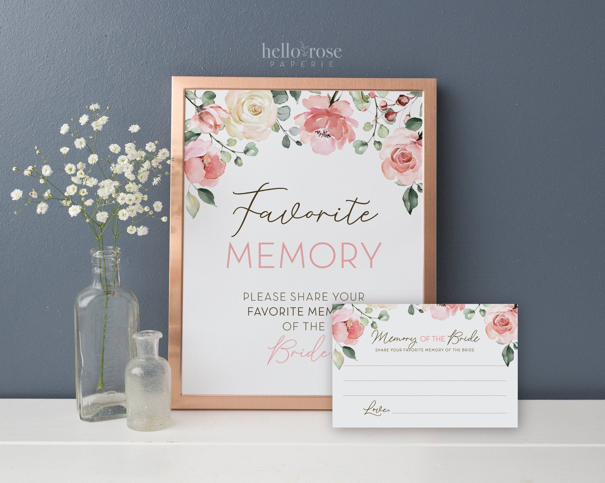 Favorite Memory of the Bride Cards + 8x10 Sign Printable . Pink Floral Watercolor . Bridal Shower Bachelorette Hens Party . Instant Download