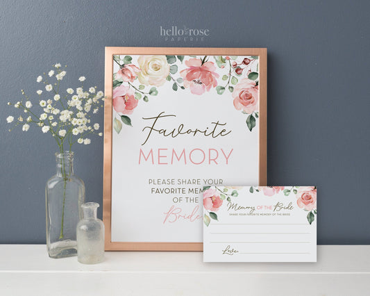 Favorite Memory of the Bride Cards + 8x10 Sign Printable . Pink Floral Watercolor . Bridal Shower Bachelorette Hens Party . Instant Download