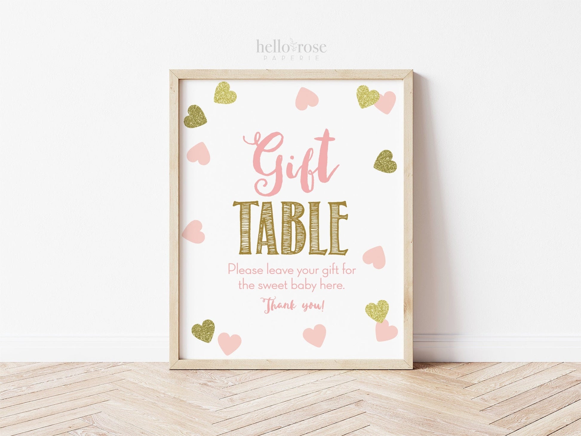 Gift Table Baby Shower Sign Printable 8x10 . Pink and Gold Hearts . Girl Baby Shower Decor . Instant Download PDF