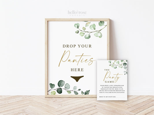 The Panty Game Cards and Sign Printable . Drop Panties Here . Greenery + Gold . Bridal Shower Bachelorette Hen Party . Instant Download G2