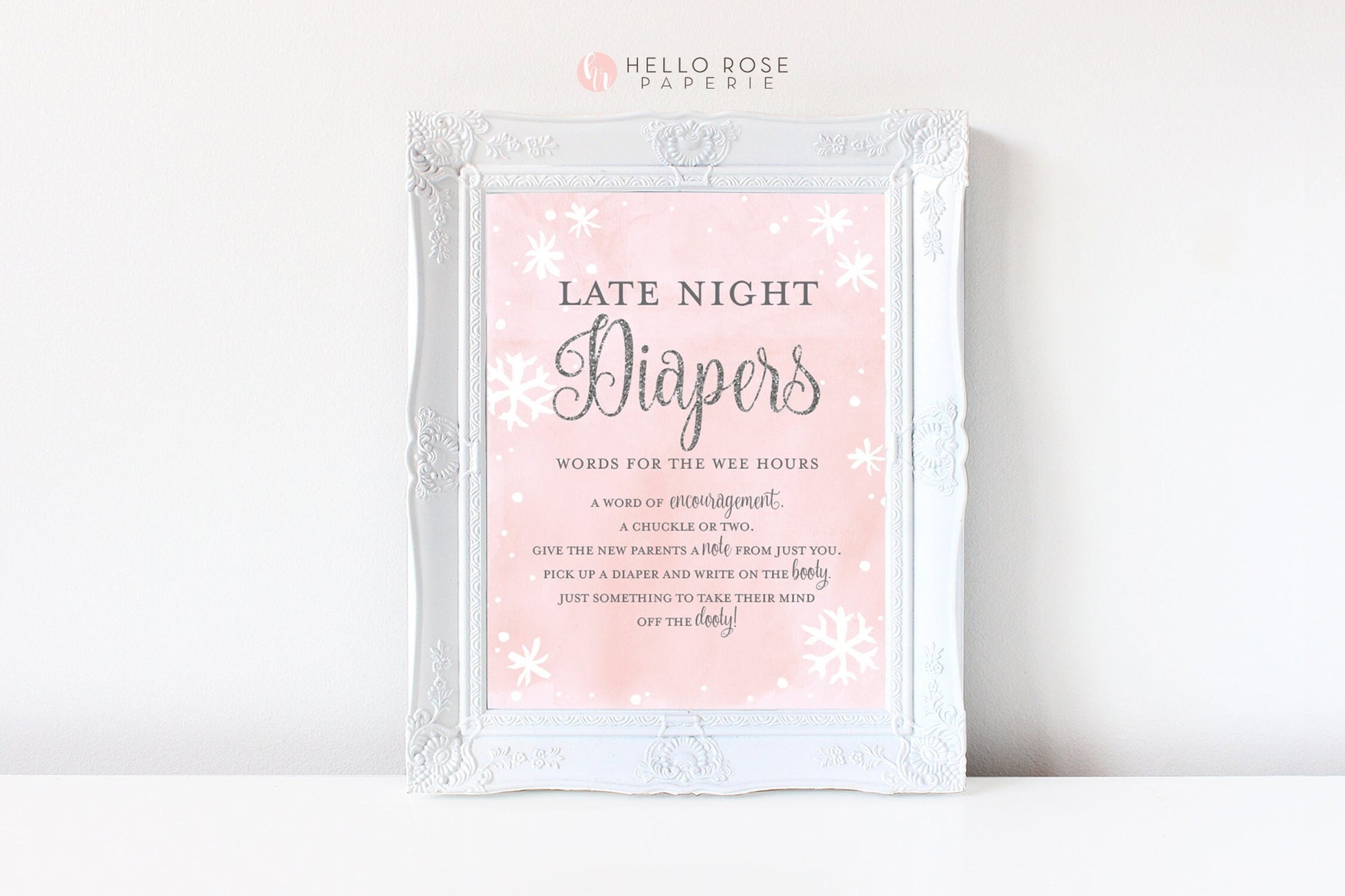 Late Night Diapers Game Sign . Baby its Cold Outside Winter Wonderland Baby Shower Girl . Pink Silver Snowflakes . Printable Download