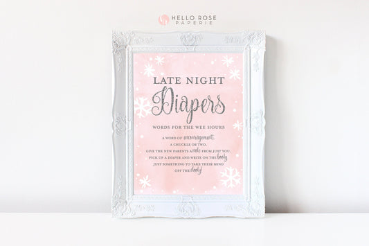 Late Night Diapers Game Sign . Baby its Cold Outside Winter Wonderland Baby Shower Girl . Pink Silver Snowflakes . Printable Download