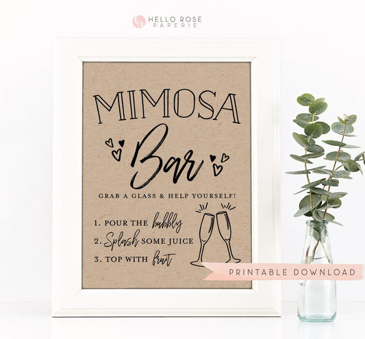 Mimosa Bar Sign . Printable Rustic Modern . Wedding Bridal Shower . Bachelorette Hens Party . Kraft + Black/White . Instant Download 8x10