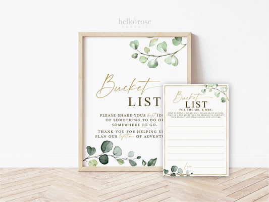 Bucket List for the Mr and Mrs Newlywed Couple Card + Sign . Wedding Bridal Shower Printable . Greenery + Gold . Instant Download G2