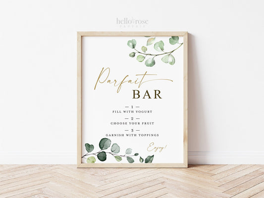 Parfait Bar Sign Printable . Greenery + Gold . Baby Shower Wedding Engagement Bridal Shower Bachelorette Hen Party . Digital Download G2