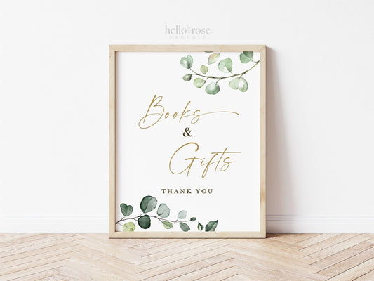 Books and Gifts Sign Printable . Baby Shower Gift Table Sign . Books for Baby . Greenery and Gold . 8x10 Instant Download G2