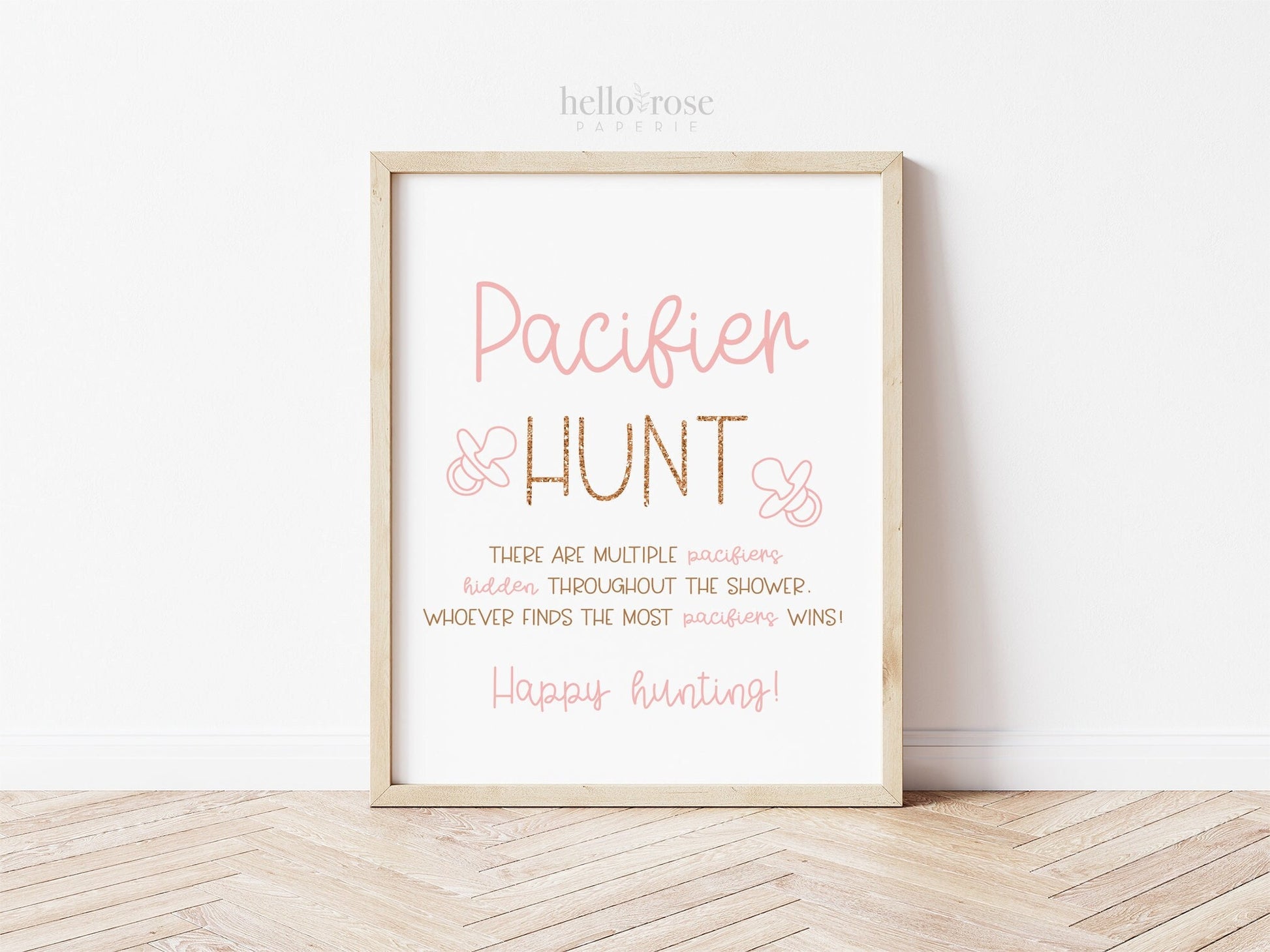 Pacifier Hunt Baby Shower Game Table Sign . Pink and Rose Gold . Girl Baby Shower Game . Printable 8x10 Instant Digital Download . K4
