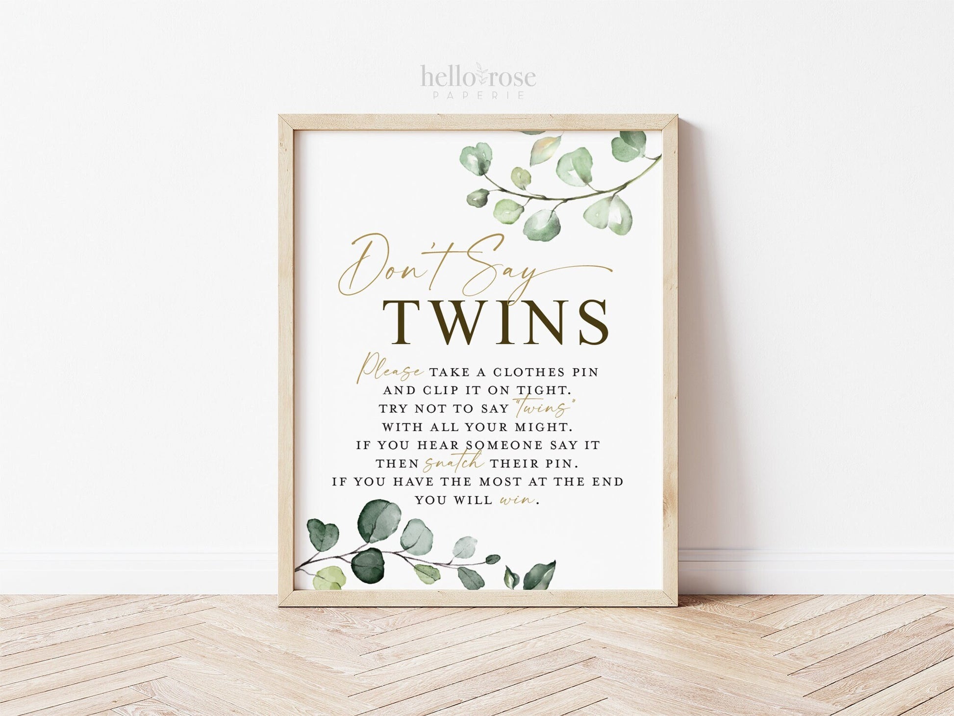 Don't Say TWINS Clothespin Baby Shower Game Table Sign . Greenery and Gold . Twins Baby Shower Printable Game . Instant Download 8x10 G2