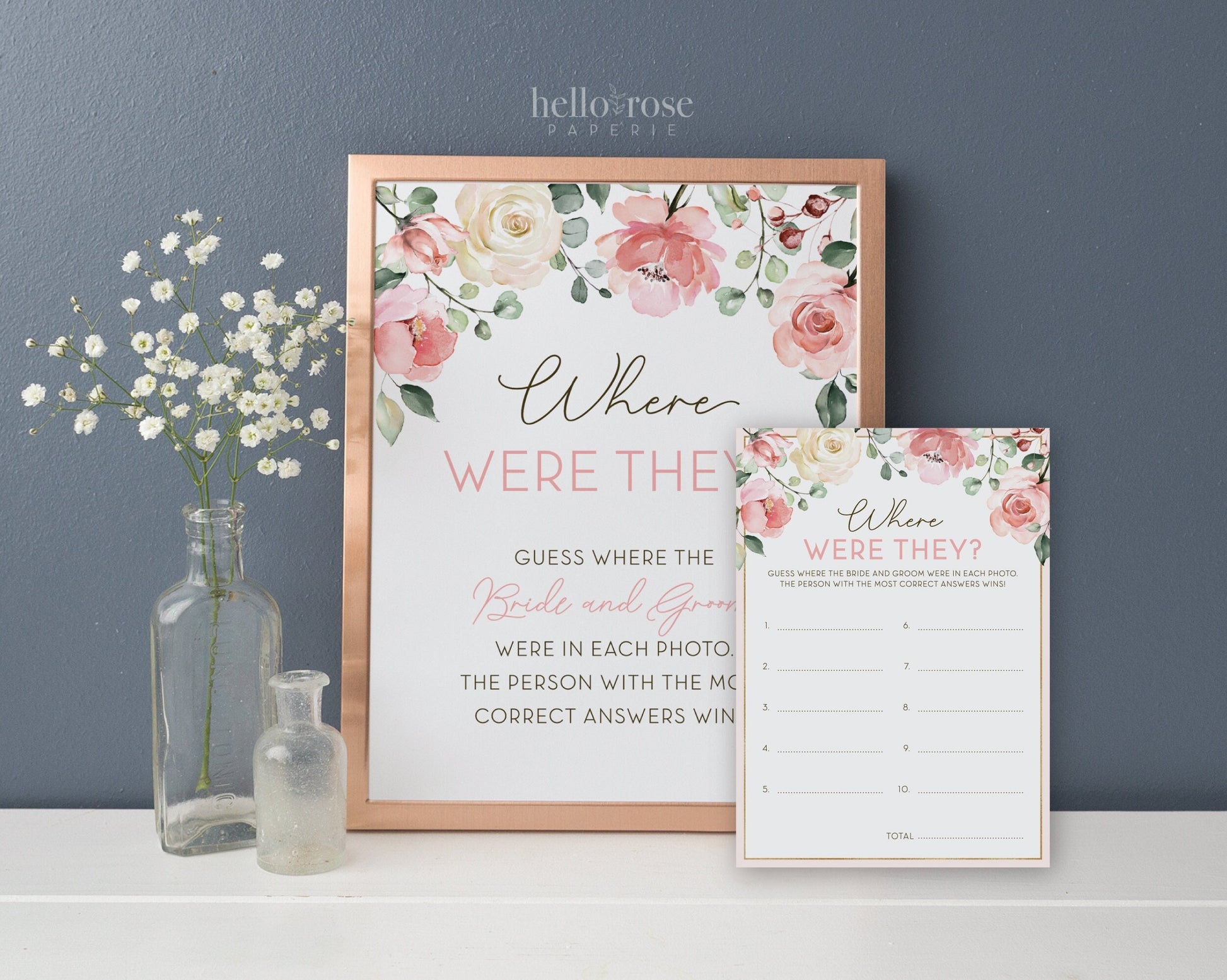 Where Were They Game Cards + Sign Printable . Where in the World . Pink Floral Watercolor . Bridal Shower Game . Instant Download G2
