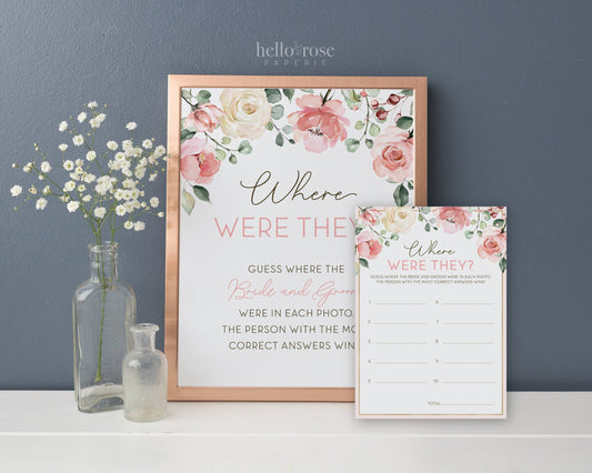 Where Were They Game Cards + Sign Printable . Where in the World . Pink Floral Watercolor . Bridal Shower Game . Instant Download G2