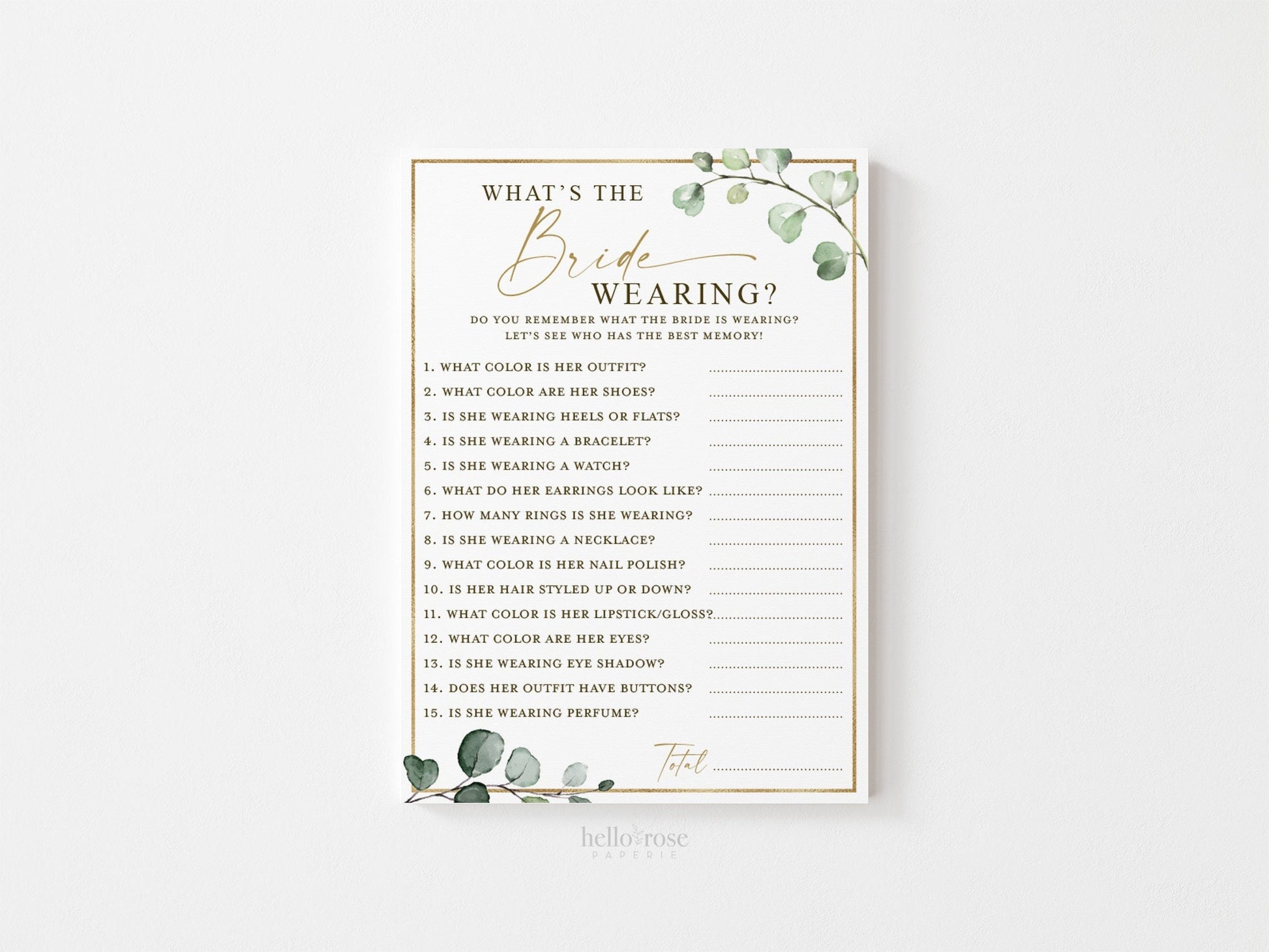 What is the Bride Wearing Bridal Shower Printable Game . Greenery and Gold . Fun Boho Game . Hens Bachelorette Party . Instant Download G2