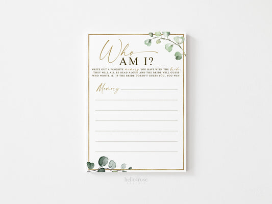 Who Am I Bridal Shower Bachelorette Printable Game Sign + Cards . Favorite Memories with the Bride . Greenery and Gold . Instant Download G2