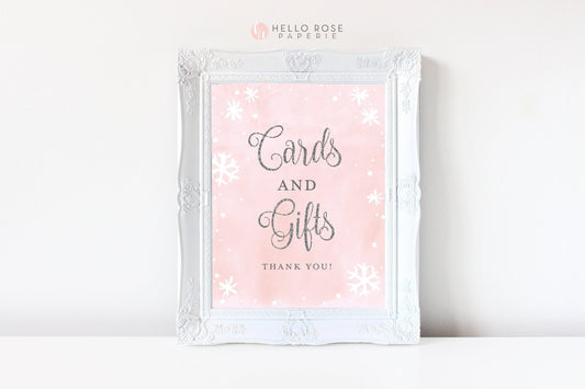 Cards and Gifts Sign . Baby its Cold Outside Winter Snowflakes Baby Shower Girl or Bridal Shower . Pink Silver . Printable Instant Download