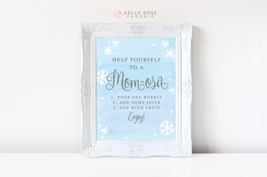 Mom-osa Bar Sign Printable . Mimosa Bar . Baby its Cold Outside Winter Wonderland Baby Shower Snowflakes Boy . Blue and Silver Glitter 8x10