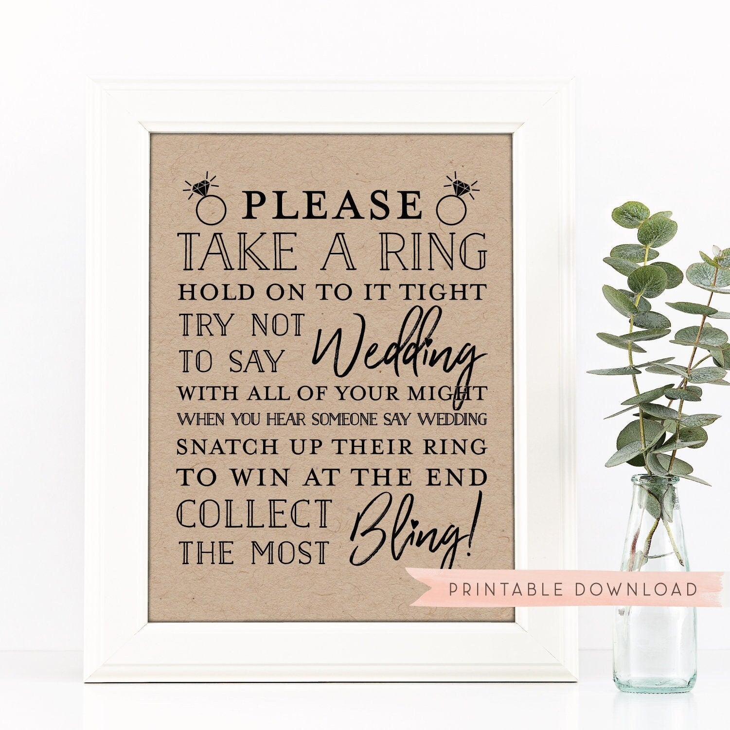 Don't Say Wedding Game Sign . Bridal Shower Ring Game . Kraft and White . Wedding Shower . Bachelorette Hens Party . Printable Download