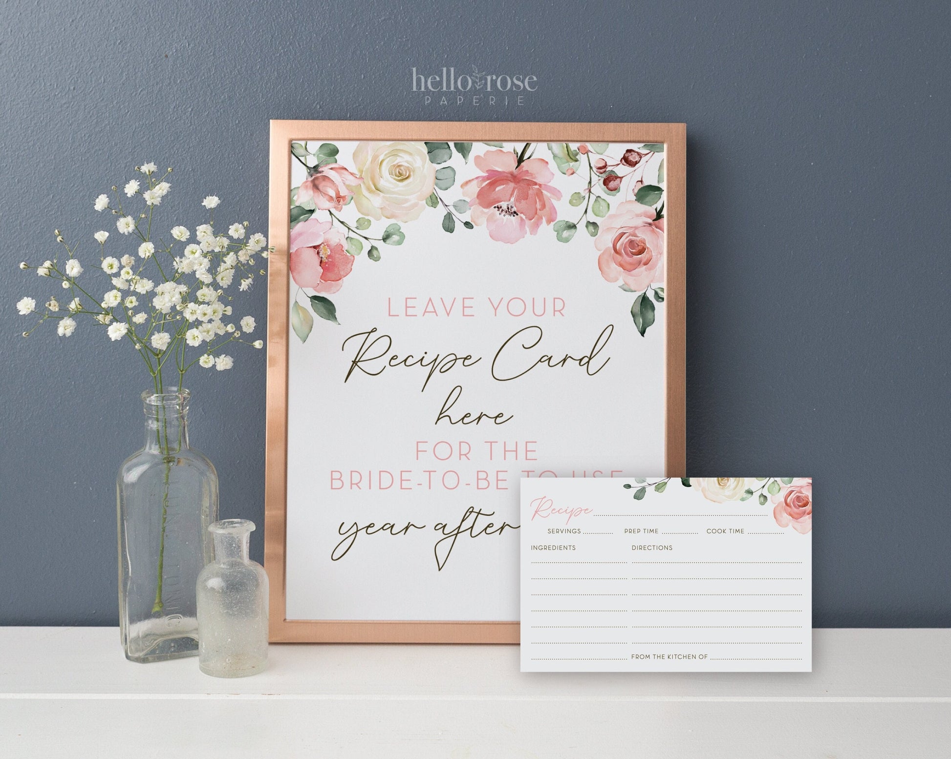 Leave Your Recipe Card Here Printable Sign + Cards. Floral Watercolor . Bridal Shower Wedding Bachelorette Hen Party . Instant Download 8x10