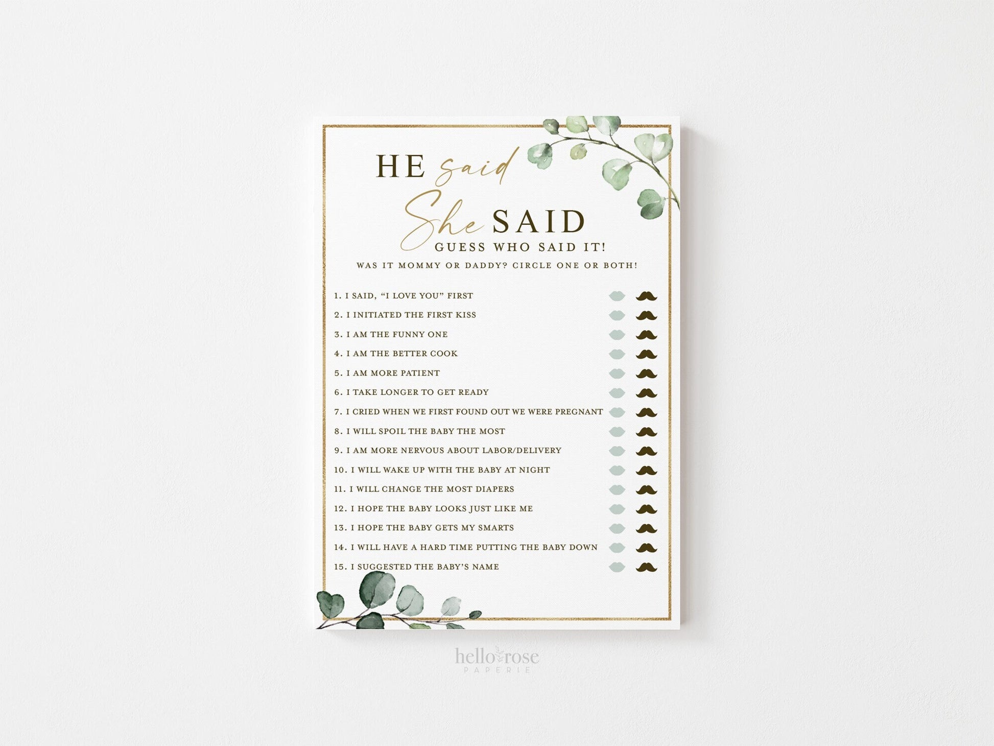 He Said She Said Printable Baby Shower Game . Guess Who Said It Mommy or Daddy . Greenery and Gold . Instant Download . G2