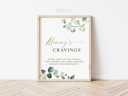 Mommys Cravings Table Sign Printable . Greenery and Gold . Baby Shower Pregnancy Food Cravings Station . Instant Download 8x10 G2