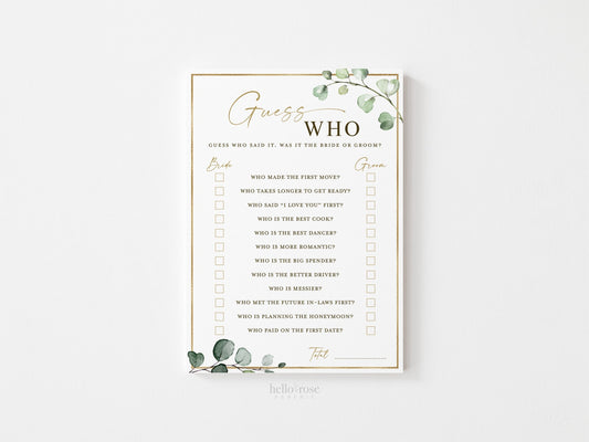 Guess Who Said It . Bride or Groom Bridal Shower Printable Game . Greenery and Gold . Hens Bachelorette Party . Instant Download G2