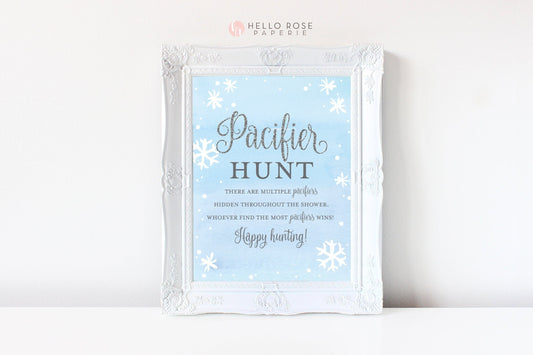 Pacifier Hunt Game Sign Printable . Baby it's Cold Outside Winter Baby Shower Boy . Blue and Silver . Instant Download Printable 8x10