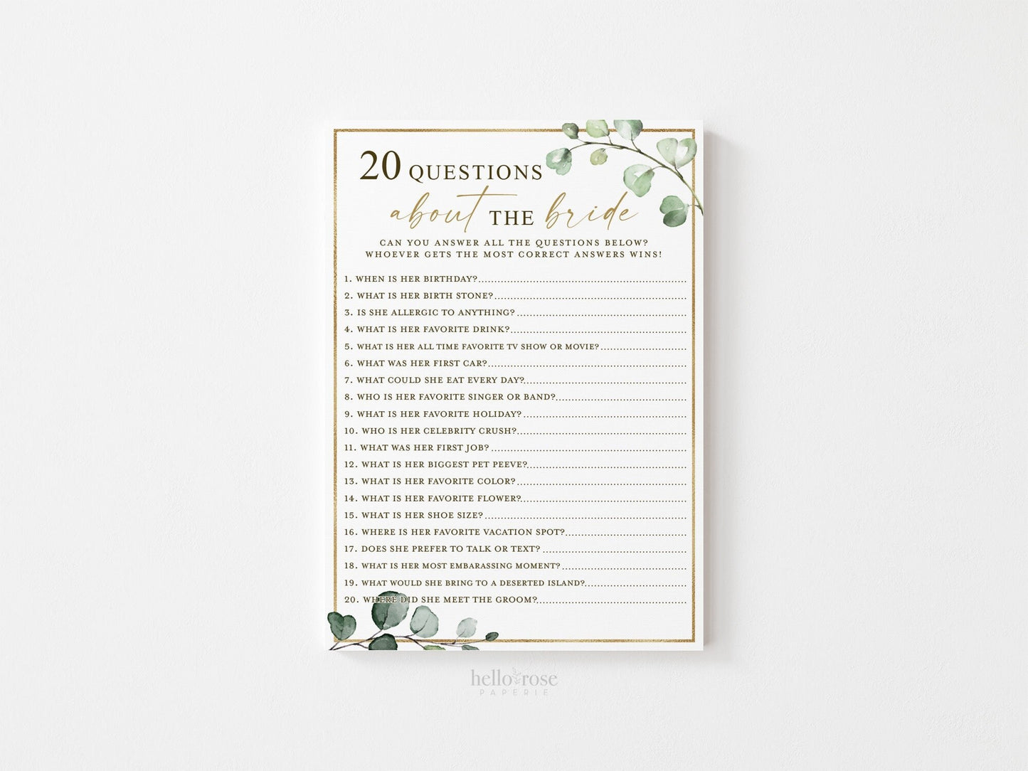 20 Questions About the Bride . Bridal Shower Game . Who Knows the Bride . Greenery and Gold . Hen Bachelorette Party . Instant Download G2